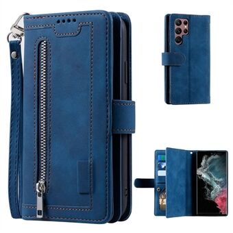 För Samsung Galaxy S23 Ultra blixtlåsficka 9 kortplatser Design PU-läder plånboksfodral Vikbart Stand Telefon Fallsäkert fodral med handrem