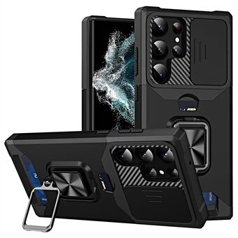 För Samsung Galaxy S23 Ultra Korthållare Kickstand Hård PC Mjuk TPU Telefonfodral Skjutkamera Linsskydd Anti-droppskydd