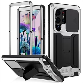 R-JUST för Samsung Galaxy S23 Ultra Slide Kameralock PC+Silicon+Metall Phone Anti-fall Case Dold Kickstand Bakre skal med skärmskydd i härdat glas