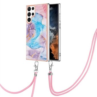 Anti-fall telefonfodral för Samsung Galaxy S23 Ultra YB IMD Series-4 IMD IML Marmor Blommönster Galvaniseringsram Mjukt TPU-telefonfodral med halsband