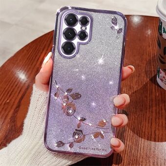 För Samsung Galaxy S23 Ultra Anti-Fading Gradient Color Telefonfodral Blommönster Dekor Strass Glitter Powder Flexibelt TPU-telefonfodral