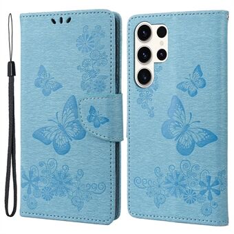 Anti-dropp telefonfodral för Samsung Galaxy S23 Ultra, PU läder telefonfodral Plånbok Fjärilar Blomma prägling skal med Stand