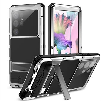 R-JUST för Samsung Galaxy S23 Ultra Kickstand Telefonfodral PC+Silicon+Metal Vattentätt Dammtätt skal med skärmskydd