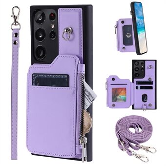 009 RFID-blockerande plånboksfodral för Samsung Galaxy S23 Ultra, PU-läderbelagd TPU Kickstand Dragkedja Telefonskydd med remmar