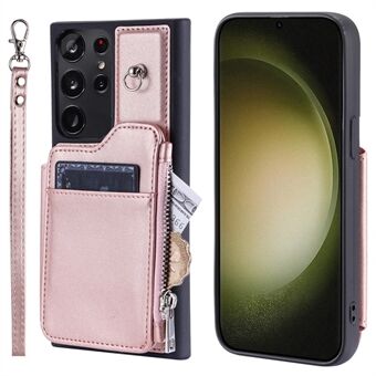 009 För Samsung Galaxy S23 Ultra Zipper Pocket Case Kickstand PU-läderbelagd TPU RFID-blockerande plånboksfodral med handledsrem