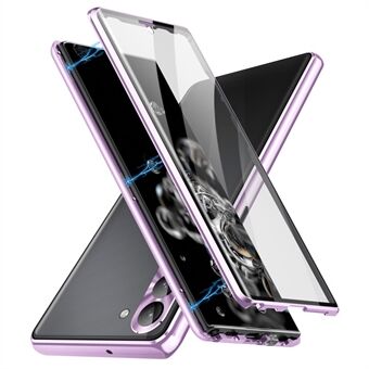 Anti-fall genomskinligt telefonfodral för Samsung Galaxy S23, enkelsidigt härdat glas+PC-panel Magnetisk adsorption Metallram Skyddande telefonskal med säkerhetsspänne