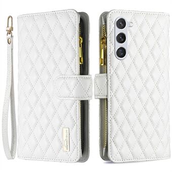 BINFEN COLOR BF Style-15 Plånboksfodral med dragkedja för Samsung Galaxy S23, tryckt Rhombus -mönster PU- Stand Magnetiskt telefonfodral med rem