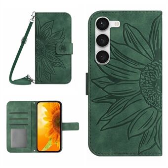 För Samsung Galaxy S23 HT04 plånboksfodral med präglat solros skinn-Touch PU- Stand Magnetlås Telefonskydd med axelrem
