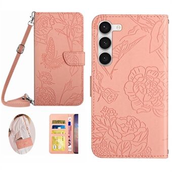 För Samsung Galaxy S23 HT03 Imprinted Butterfly Flowers Plånbok Flip Cover PU Läder Skin-touch Stand Magnetic Folio Skyddande telefonfodral med axelrem
