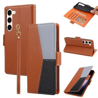 Telefonläderfodral för Samsung Galaxy S23, Trefärgad Splicing Litchi Texture Stand Plånbok med rem