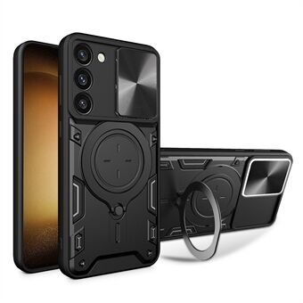 För Samsung Galaxy S23 PC + TPU telefonfodral Roterbar Ring Kickstand Bakre skal med skjutbart kameralock