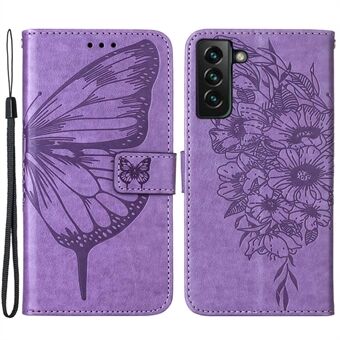 YB Imprinting Series-4 för Samsung Galaxy S23+ Butterfly Flower Imprinted PU-läder plånboksfodral Drop-proof Flip Stand Cover med rem