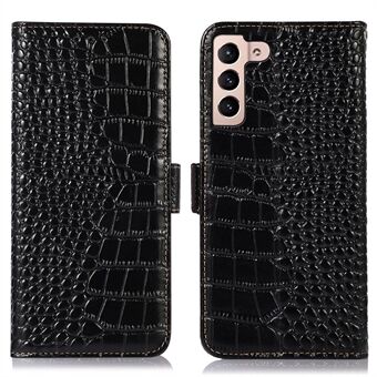 För Samsung Galaxy S23+ Crocodile Texture Plånbok Flip Cover Stand i äkta kohudsläder RFID-blockerande magnetiskt telefonfodral