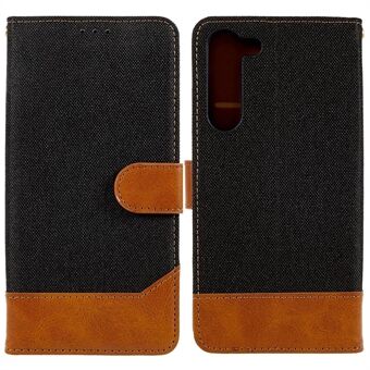För Samsung Galaxy S23+ Calf Texture PU Läder Splicing Jeans Tyg Telefonskydd Stand Plånbok Folio Flip Fodral