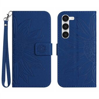 För Samsung Galaxy S23+ HT04 Flip-plånboksfodral Skin-Touch-präglat solros Scratch telefonfodral Stand med handrem