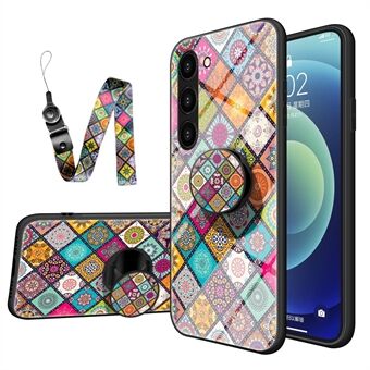 För Samsung Galaxy S23+ Anti- Scratch telefonfodral Kickställ Blommönster härdat glas + PC + TPU Drop-säkert telefonfodral med snodd