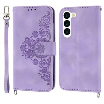 För Samsung Galaxy S23+ Stand med tryckta blommor PU-läder plånboksfodral Skin-touch Flera kortplatser Telefonfodral med handledsrem och axelrem