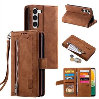 Anti-Fall telefonfodral för Samsung Galaxy S23+ Stötsäkert läderfodral Multi Card Slot Telefonskal med dragkedja plånbok/rem