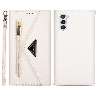 För Samsung Galaxy S23+ Zipper Pocket PU Läderfodral Stand Skin-touch Feeling Telefonskal med kort + lång rem