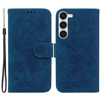 För Samsung Galaxy S23+ PU-läderplånbok Telefonfodral Imprinted Rose Butterfly Stand Magnetisk stängning Anti-fall Cover med rem