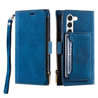 För Samsung Galaxy S23+ Blixtlåsficka Baksida Korthållare Telefonskydd PU Stand Plånboksfodral med handrem