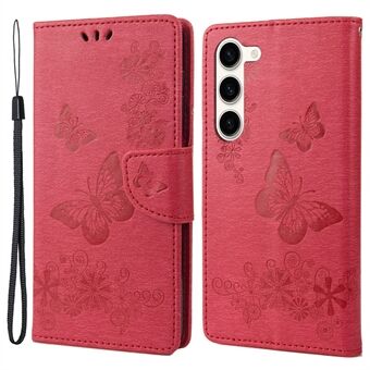 Stötsäkert mobiltelefonfodral för Samsung Galaxy S23+, Butterflies Flower Imprinting PU-lädertelefonfodral med Stand