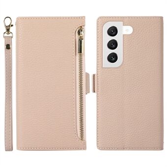 För Samsung Galaxy S23+ Full Protection Telefonfodral Litchi Texture Zipper Pocket Stand Flip Läder Plånbok Telefonfodral med rem