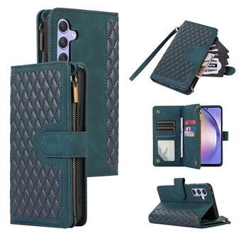 För Samsung Galaxy A54 5G Zipper Pocket 9 kortplatser Lädertelefonfodral Rhombus Imprint Stand