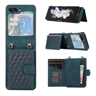 Grid Imprinted Protective Wallet Case för Samsung Galaxy Z Flip5 5G PU Läder PC-telefonfodral med axelrem