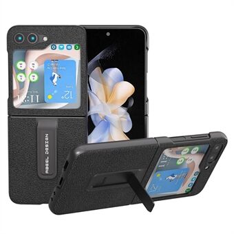 ABEEL för Samsung Galaxy Z Flip5 5G Litchi Texture Bakstycke Kickstand Äkta koläder+PC-telefonfodral