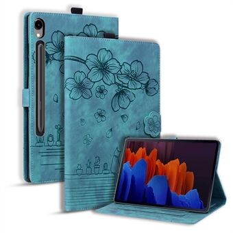 För Samsung Galaxy Tab S9 Korthållare Läder Anti-drop Fodral Blomma Kattavtryck Tabletthållare Fodral