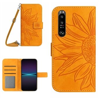 För Sony Xperia 1 IV 5G HT04 Sunflower Imprinted Drop-proof Stand Plånboksfodral Skin-touch PU Läder Telefonskydd med axelrem