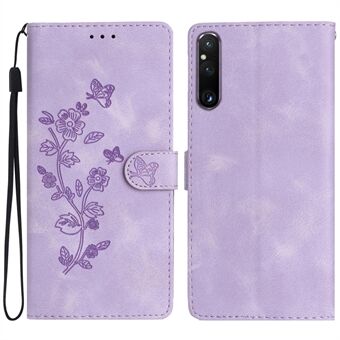 Flower Imprint Leather Case for Sony Xperia 1 V , Wallet Stand Anti-scratch Mobile Phone Cover