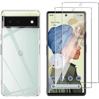 Klar mjuk TPU-anti-Fingeravtryck-Skyddande Mobilfodral med 2 pack härdat glas skärmskydd för Google Pixel 6.