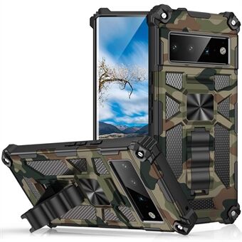 Kamouflage Mönster PC + TPU Stötskyddande Mobilskal med Stativ Inbyggd Metallplatta för Google Pixel 6 Pro