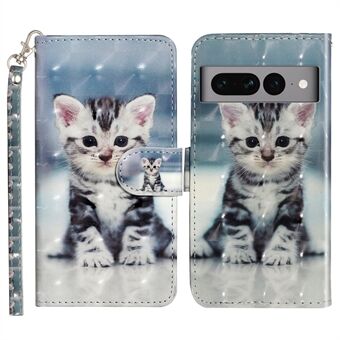 För Google Pixel 7 Pro 5G Flip Stand Phone Case 3D-mönstertryck PU-läderplånbokstelefonfodral med rem.