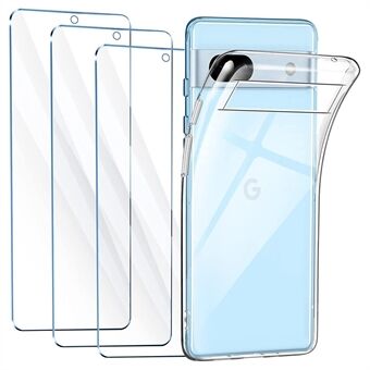 För Google Pixel 7a TPU-skal genomskinligt telefonfodral med 3 st 2.5D bågkantade härdat glas skärmskydd