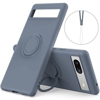 För Google Pixel 7a Ring Kickstand Telefonfodral i flytande silikon med skyddande lock och snodd.
