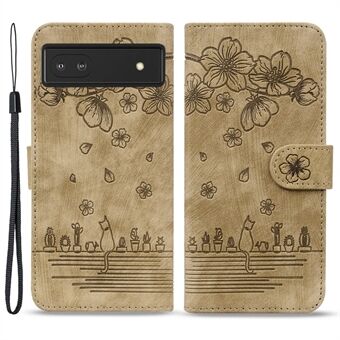 För Google Pixel 8 PU-läder plånboksfodral med tryck av blomma och katt. Stående telefontäckning med rem.