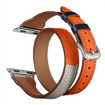 Tvåfärgat dubbelcirkeldesign äkta läderklockarmband för Apple Watch Series 1/2/3 42mm / Series 6 SE 5 4 44mm
