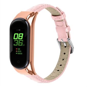 För Xiaomi Mi Band 7 Bamboo Grain Top Layer Kohud Läder Spänne Design Watch Band med Rose Gold Watch Cover