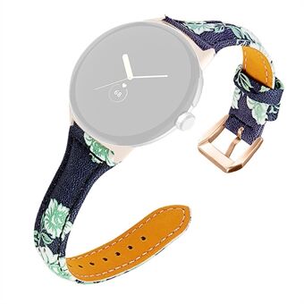 För Google Pixel Watch Flower Pattern Watch Band Justerbar rem i äkta läder med Rose Gold Connector