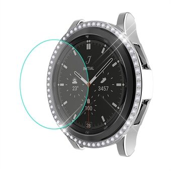 ENKAY 2-i-1 0,2 mm 2,15D Slim 9H skärmskydd i härdat glas med lätta strassdekorationer Galvanisering PC Smart Watch-fodral för Samsung Galaxy Watch4 Classic 46 mm