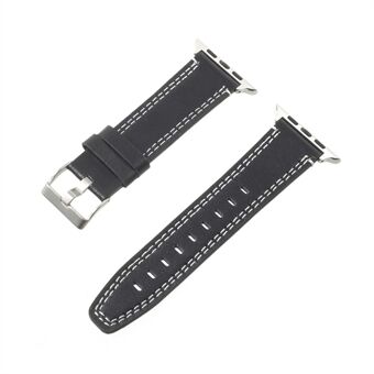 For Apple Watch Series 6 SE 5 4 40mm / Series 3 / 2 / 1 38mm Double Stitches Genuine Leather Watch Band Strap - Black