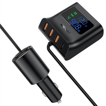ACEFAST B8 USB+Type-C 4-Port Digital Display Car HUB Charger with 90cm Cable Length