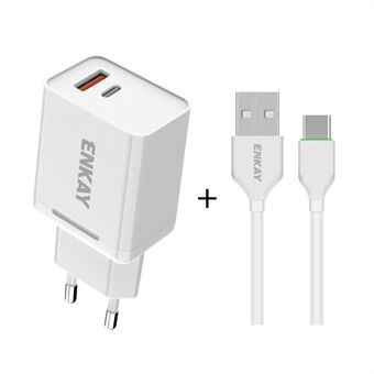 Hat-Prince ENKAY 18W 3A USB3.0+Type-C Dual Ports Power Adapter with 1m Type-C Charging Cable - EU Plug