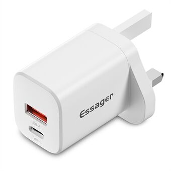 ESSAGER JT-TP74C1U1 Dual Port PD+QC 30W Charger Type-C + USB-A Wall Charger Adapter Mini Fast Charger Block for Cell Phones (UK Plug)