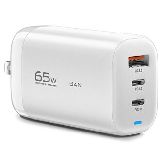 ESSAGER 65W GaN Travel Charging Dock USB-C+USB-A 3-Port US Plug Compact USB Wall Charger Power Adapter [with CE Certificate]