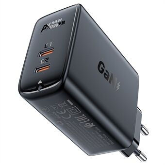 ACEFAST A29 EU-kontakt PD 50W GaN USB-C+USB-C Dual Port Väggladdare Telefon Snabbladdningsadapter