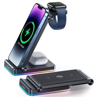 JOYROOM JR-WQN01 15W Wireless Charger 3-In-1 Foldable Phone Stand Holder Desktop Watch Earphone Magnetic Charging Pad with 1m USB to Type-C Cable